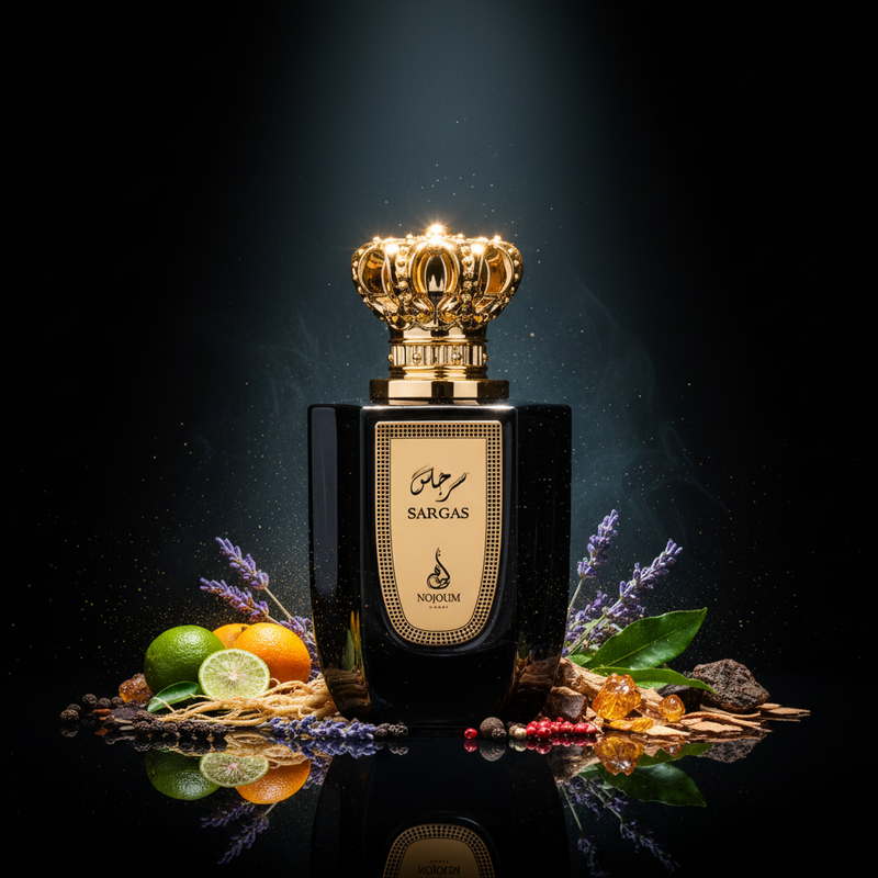 Imagen editorial de lujo Sargas de Nojoum Dubai, botella negra brillante con placa dorada punteada y tapa corona real dorada, fondo negro profundo con resplandor gris-azul sofisticado, bergamota, lavanda, vetiver, pachulí y cedro, atmósfera regia y sofisticada estilo anuncio de alta perfumería árabe.
