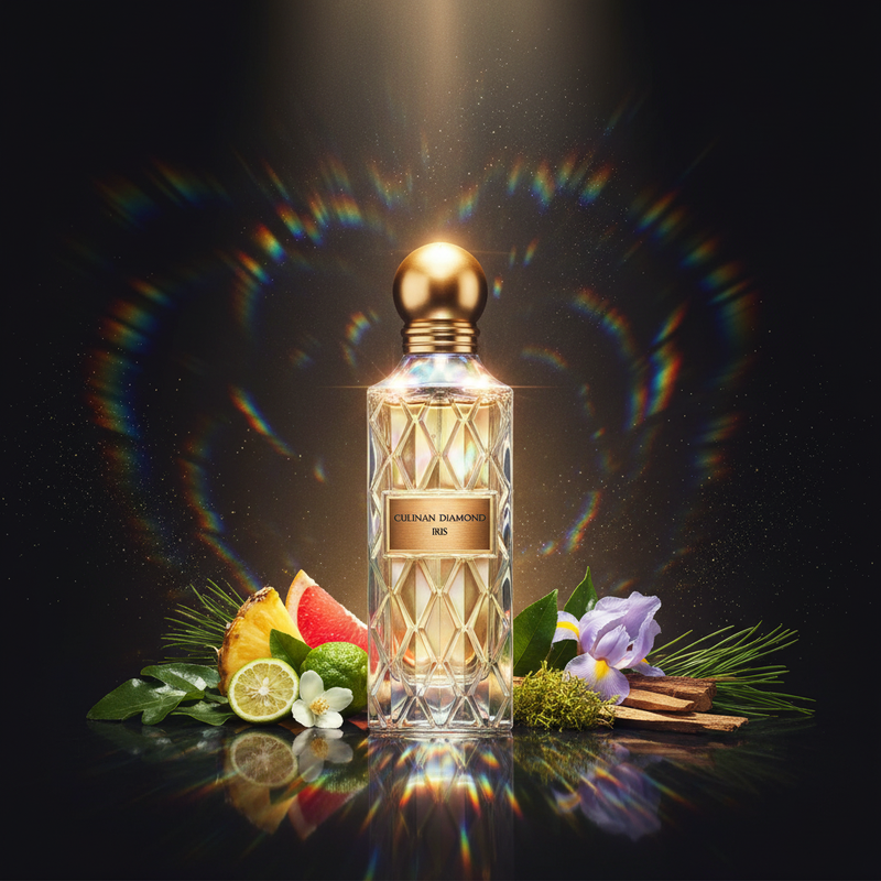 Imagen editorial de lujo Culinan Diamond Iris EDP, botella cristal holográfico iridiscente con corte diamante y tapa esfera dorada, iluminación dramática sobre fondo negro profundo con rayos de luz arcoíris prismáticos, piña, jazmín, iris párpura y musgo de roble, atmósfera mágica y etérea estilo anuncio de alta perfumería.
