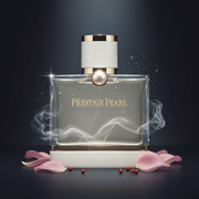 Imagen editorial de lujo Prestige Pearl EDP, frasco cristal transparente con perla luminosa, iluminación dramática sobre fondo negro-gris oscuro, pétalos de rosa rosa, polvo plateado y humo blanco suave, atmósfera femenina y elegante estilo anuncio de alta perfumería.