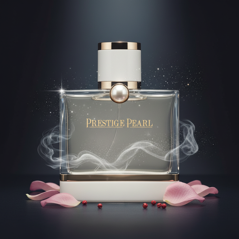 Imagen editorial de lujo Prestige Pearl EDP, frasco cristal transparente con perla luminosa, iluminación dramática sobre fondo negro-gris oscuro, pétalos de rosa rosa, polvo plateado y humo blanco suave, atmósfera femenina y elegante estilo anuncio de alta perfumería.
