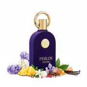 Frasco de perfume Philos Centro de Maison Alhambra EDP, botella arco redondeado en terciopelo púrpura real mate con medalón dorado arabesco, texto dorado PHILOS CENTRO, cuello dorado y gran aro circular dorado en la parte superior, sobre fondo blanco, rodeado de jacinto, piña, jazmín, iris, pimienta rosa, almizcle, ámbar, pachulí, vetiver y vainilla.