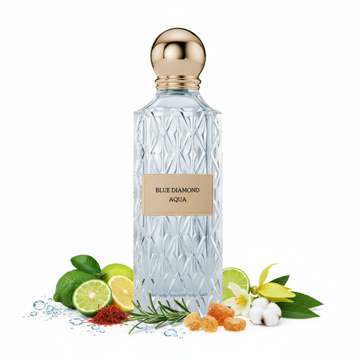 Frasco Blue Diamond Aqua EDP, botella rectangular alta en vidrio azul hielo pálido iridiscente opalescente con patrón diamante tallado en toda la superficie, placa rectangular champagne dorada con texto BLUE DIAMOND AQUA, anillo collar dorado acanalado en el cuello y tapa esfera dorada champagne, sobre fondo blanco, rodeado de notas marinas, azafrán, bergamota, romero, cítricos, ylang-ylang, incienso, almizcle y pachulí.