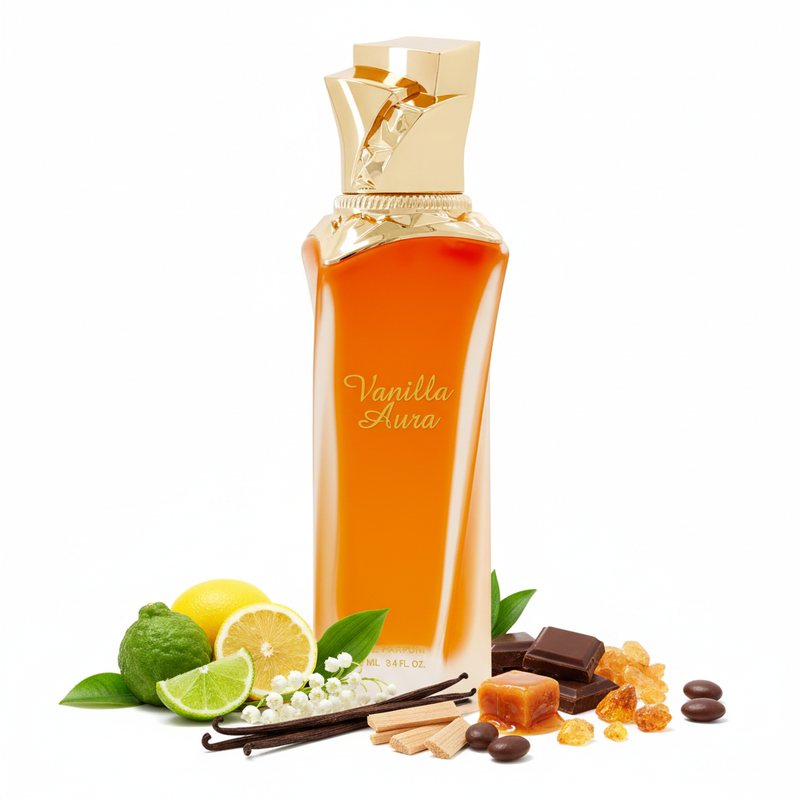 Frasco Vanilla Aura EDP, botella rectangular con cintura en vidrio naranja-ámbar brillante, texto dorado Vanilla Aura en script, texto dorado EAU DE PARFUM en la base, anillo dorado acanalado en el cuello y tapa escultórica abstracta facetada en oro pulido, sobre fondo blanco, rodeado de bergamota, limón, muguete, vainilla, caramelo, chocolate, sándalo, ámbar y haba tonka.
