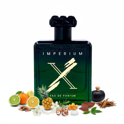 Frasco Imperium X de Fragrance World EDP, botella cuadrada redondeada con degradado verde bosque a negro, texto blanco IMPERIUM, gran X dorada estilo pincelada, texto blanco EAU DE PARFUM, tapa triple esfera negra brillante, sobre fondo blanco, rodeado de bergamota, mandarina, limón, cedro, jazmín, piña, ámbar, ciprés, madera de cachemira, cuero, almizcle, pachulí, ron y tabaco.