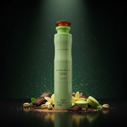 Imagen editorial de lujo Lattafa Decadent Delights Choco Pista Macaron Air Freshener, lata aerosol verde pistacho pastel con texto marrón oscuro y tapa ámbar, fondo negro profundo con resplandor verde pistacho, pistachos, chocolate oscuro, vainilla y azúcar, atmósfera indulgente y fresca estilo anuncio de ambientador de lujo.