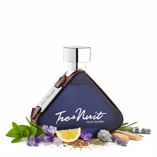 Frasco Tres Nuit Pour Homme de Armaf EDP, botella triangular plana azul marino con texto cursivo blanco Tres Nuit y POUR HOMME, correa cuero marrón con costuras, cuello corto estrecho y tapa cilíndrica ancha cromo plateado, rodeado de cedrón, iris, limón, lavanda, violeta, especias, ámbar gris y sándalo.