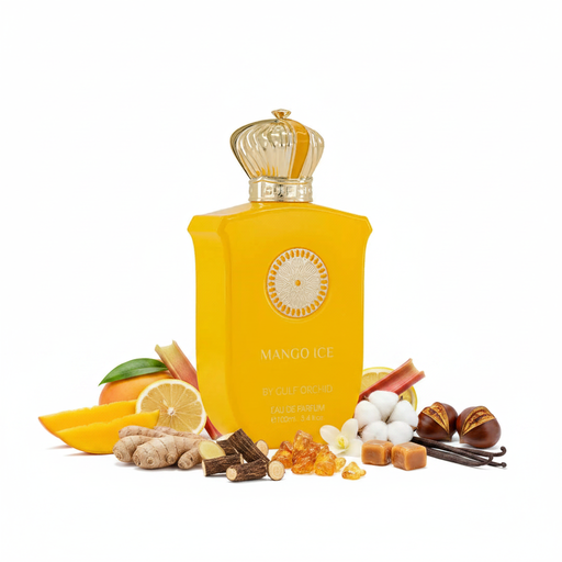 Frasco Mango Ice de Gulf Orchid EDP, botella rectangular ancha amarillo vibrante opaco con esquinas achaflanadas, medallón circular plateado girasol con borde de puntos dorados, texto blanco MANGO ICE BY GULF ORCHID EAU DE PARFUM, collar dorado acanalado ancho, tapa corona dorada espectacular con tórres acanaladas y orbe dorado en el ápice, rodeado de mango, jengibre, limón, ruibarbo, ámbar, regaliz, flores blancas, almizcle, caramelo, vainilla y castaña.