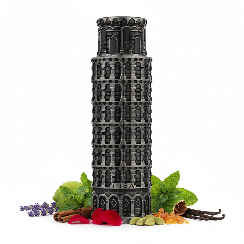 Frasco de perfume Pisa, botella cilíndrica escultórica con diseño arquitectónico de la Torre de Pisa en acabado gunmetal gris oscuro envejecido con arcadas góticas en relieve en cada nivel y texto PISA grabado, sobre fondo blanco, rodeado de bergamota, lavanda, menta, rosa, canela, cardamomo, pachulí, ámbar y vainilla.