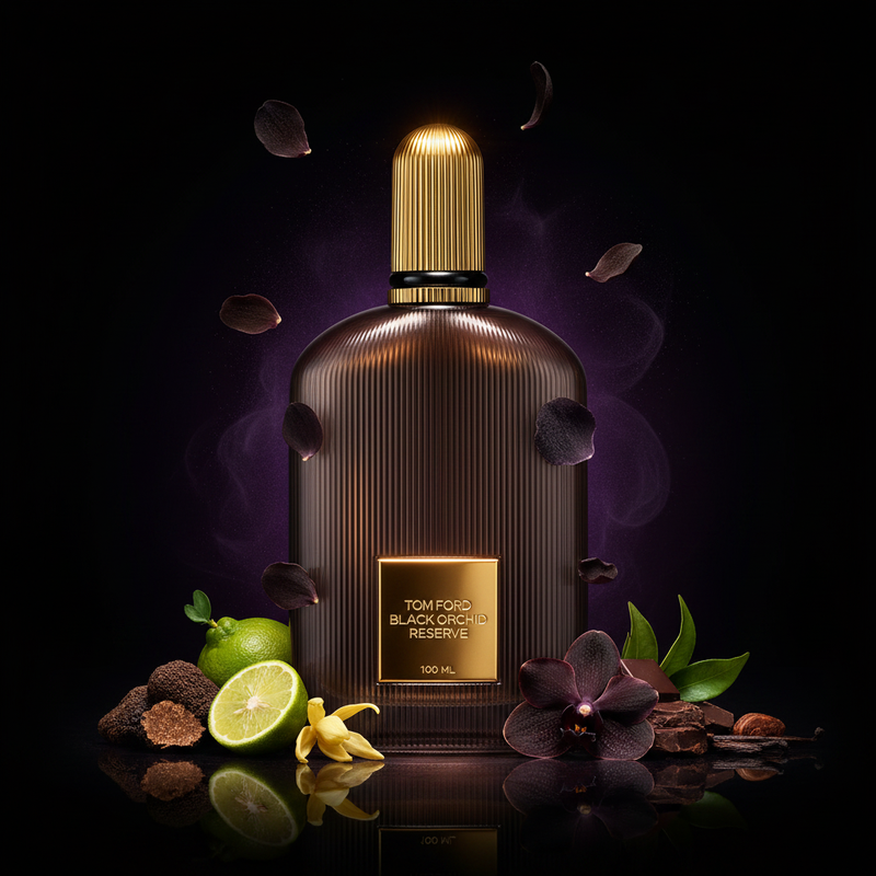 Imagen editorial de lujo Tom Ford Black Orchid Reserve, botella cúpula ahumada carbón acanalada con tapa dorada acanalada alta, fondo negro profundo con resplandor púrpura oscuro, orquídea negra, trufa, chocolate oscuro y pachulí, atmósfera oscura y seductora estilo anuncio de alta perfumería Tom Ford.