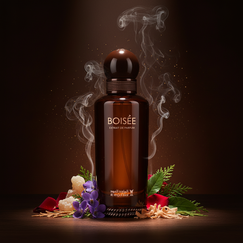 Imagen editorial de lujo Boisée Extrait de Parfum de Al Majed Oud, frasco marrón oscuro brillante con tapa esfera, iluminación dramática sobre fondo marrón-espresso oscuro, violetas, incienso con humo blanco, pétalos de rosa, cedro y pachulí, atmósfera cálida y boscosa estilo anuncio de perfumería nicho.