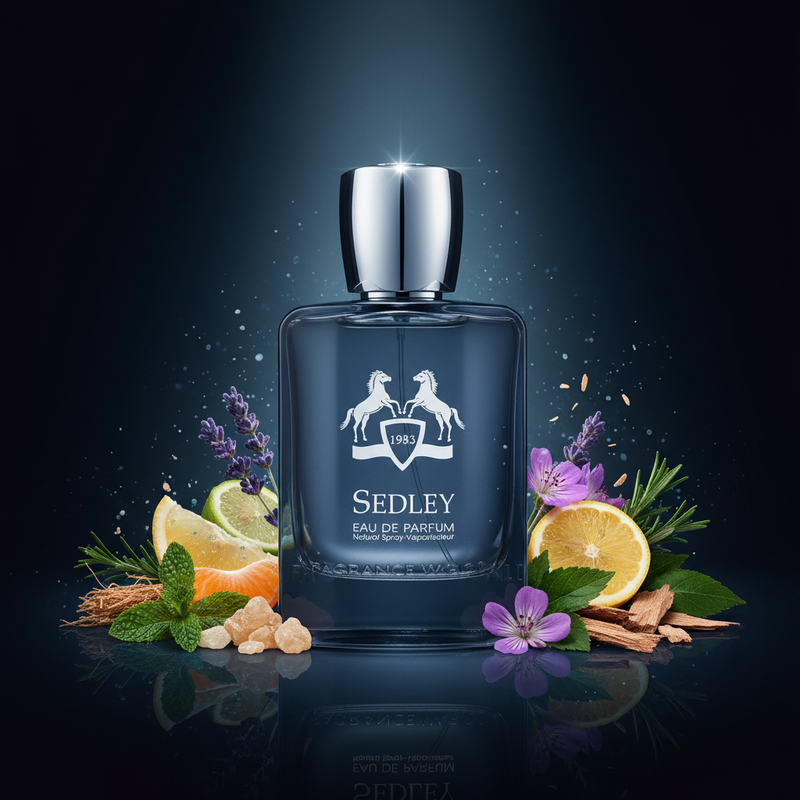 Imagen editorial de lujo Sedley de Fragrance World, botella azul-gris ahumado con escudo heráldico blanco y caballos encabritados, tapa facetada gris, fondo negro profundo con resplandor azul marino, mandarina, lavanda, vetiver y cedro, atmósfera sofisticada y fresca estilo anuncio de alta perfumería masculina.
