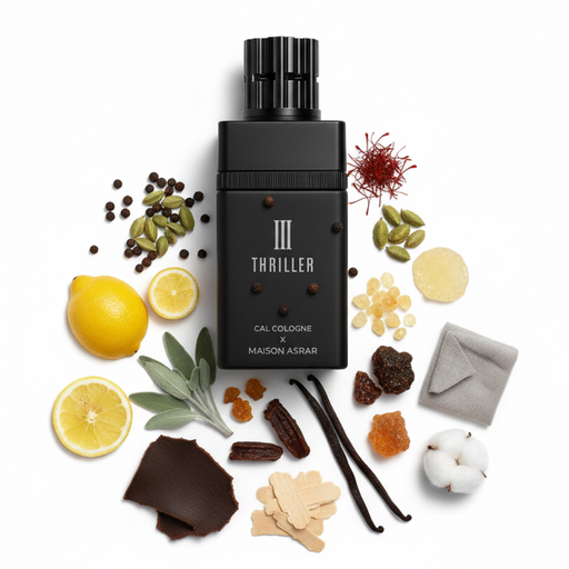 Frasco III Thriller de Cal Cologne x Maison Asrar EDP, botella rectangular alta en negro mate, texto plateado III THRILLER y CAL COLOGNE X MAISON ASRAR, tapa cilíndrica alta con acanalado vertical profundo en negro mate, sobre fondo blanco, rodeado de pimienta, cardamomo, bergamota, azafrán, limón, elemí, cuero, tonka, incienso, ládano, esclarea, sándalo, vainilla, ámbar, benjuí, cachemira y almizcle.