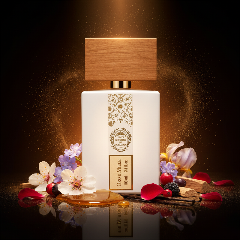 Imagen editorial de lujo Oro e Miele de Voci Giardini di Toscana, botella blanca mate con banda dorada y tapa madera miel, fondo ámbar oscuro cálido, almendro, heliotropo, miel dorada, bayas e iris, atmósfera luminosa y dulce estilo perfumería italiana de nicho.