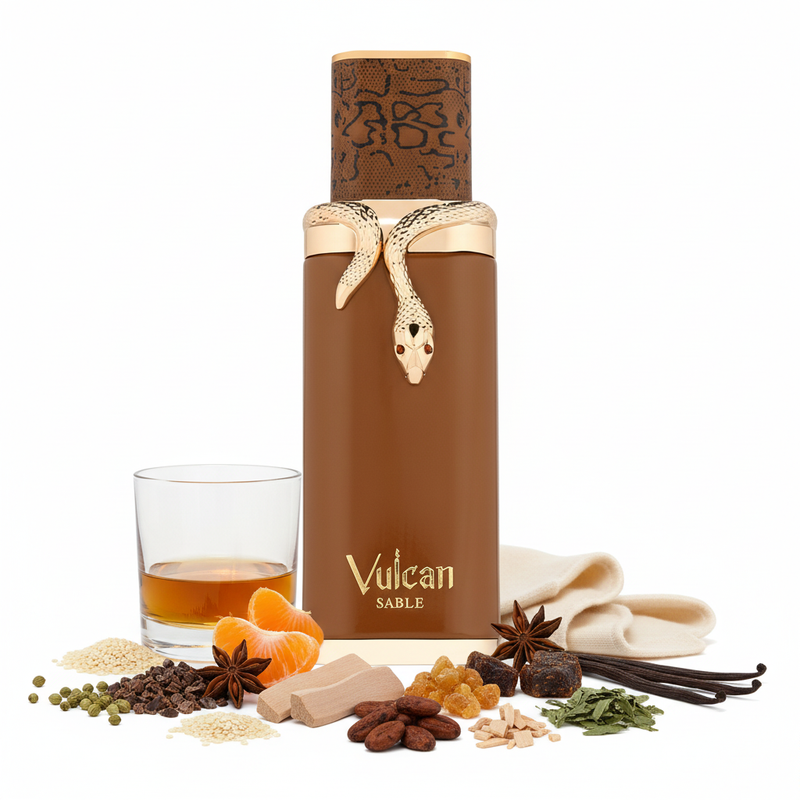 Frasco de perfume Vulcan Sable, botella rectangular marrón chocolate oscuro mate con escultura de serpiente dorada enroscada en el cuello con ojos rojos, tapón cilíndrico marrón texturizado y anillo base dorado, sobre fondo blanco, rodeado de whisky, cilantro, mandarina, sésamo, anís, cacao, sándalo, cachemira, haba tonka, benjuí, styrax, cedro blanco, pachulí y vainilla.
