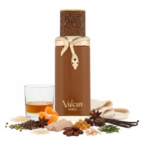 Frasco de perfume Vulcan Sable, botella rectangular marrón chocolate oscuro mate con escultura de serpiente dorada enroscada en el cuello con ojos rojos, tapón cilíndrico marrón texturizado y anillo base dorado, sobre fondo blanco, rodeado de whisky, cilantro, mandarina, sésamo, anís, cacao, sándalo, cachemira, haba tonka, benjuí, styrax, cedro blanco, pachulí y vainilla.