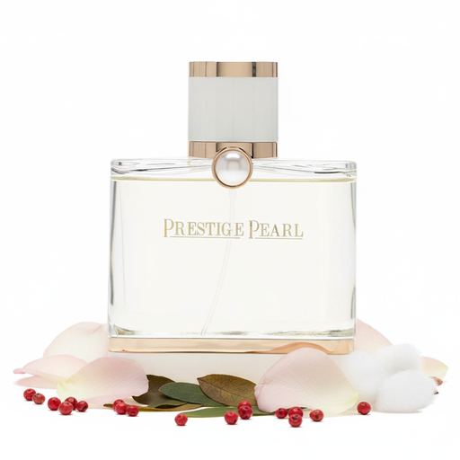 Frasco Prestige Pearl EDP, botella rectangular redondeada en cristal transparente con líquido crema pálido, texto dorado PRESTIGE PEARL, perla blanca lústrosa en bezal oro rosa en el hombro, banda dorada en la base y tapa rectangular blanca mate con banda dorada, sobre fondo blanco, rodeado de pimienta rosa, pétalos de rosa, pachulí y almizcle.