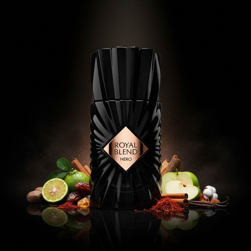 Imagen editorial de lujo Royal Blend Nero de Fragrance World, botella negro brillante con pliegues drapeados espectaculares y placa diamante rose-gold, fondo negro profundo con resplandor rose-gold sutil, canela, azafrán, dátiles y vainilla, atmósfera oscura y opulenta estilo anuncio de alta perfumería nicho.