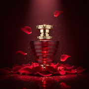 Imagen editorial de lujo del frasco de perfume escalonado en vidrio rubí rojo con base y tapa dorada, iluminación dramática con spotlight sobre fondo burdeos oscuro, pétalos de rosa rojos y destellos dorados, atmósfera sensual y lujosa estilo anuncio de alta perfumería.
