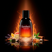 Imagen editorial de lujo Renheit Parfum de Christian Dior, botella cúpula redondeada con degradado ámbar-rojo-negro como llama, tapa cilíndrica negra alta, fondo negro profundo con resplandor ámbar-rojo ardiente, cítricos, lavanda, cuero y pachulí, atmósfera dramática y masculina estilo anuncio Dior.