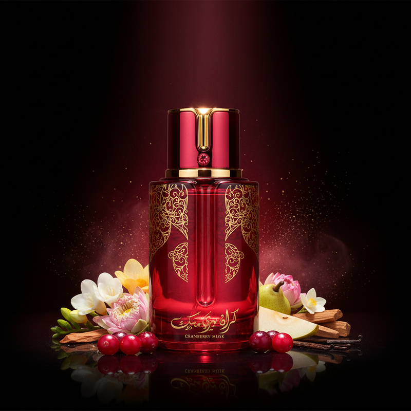 Imagen editorial de lujo Cranberry Musk de Lattafa, botella carmesí-rubí con arabescos dorados espectaculares y tapa roja con disco dorado, fondo negro profundo con resplandor rubí-carmesí, arándanos, fresia, jazmín y vainilla, atmósfera rica y femenina estilo anuncio de alta perfumería árabe.
