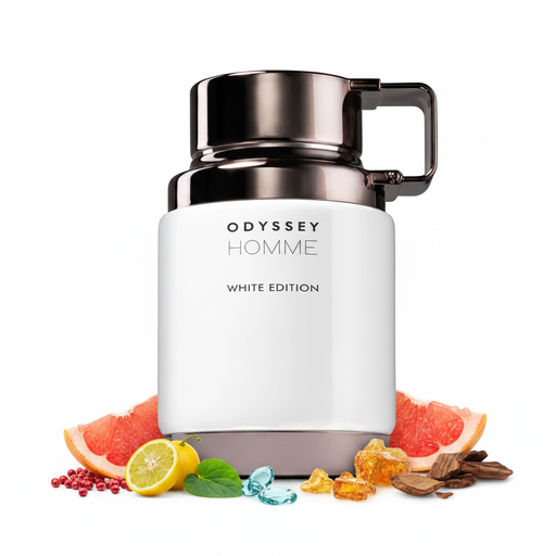 Frasco Armaf Odyssey Homme White Edition EDP, botella rectangular redondeada blanco mate puro con texto carbón oscuro ODYSSEY HOMME WHITE EDITION, banda gunmetal oscuro en la base, collar gunmetal oscuro en la parte superior, asa rectangular gunmetal oscuro distintiva sobre la tapa, tapa cilíndrica corta gunmetal oscuro, rodeado de pimienta rosa, yuzu, pomelo, hojas de violeta, ámbar, amberwood y madera de gaiac.