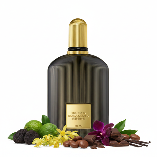 Frasco Tom Ford Black Orchid Reserve EDP, botella cúpula redondeada ancha en vidrio ahumado carbón-marrón con acanalado vertical profundo, placa cuadrada dorada pulida con texto TOM FORD BLACK ORCHID RESERVE 100 ML, anillo collar negro en cuello, tapa cilíndrica alta acanalada dorada con cúpula redondeada, rodeado de trufa negra, bergamota, ylang-ylang, orquídea negra, chocolate oscuro, pachulí, tonka y vainilla.