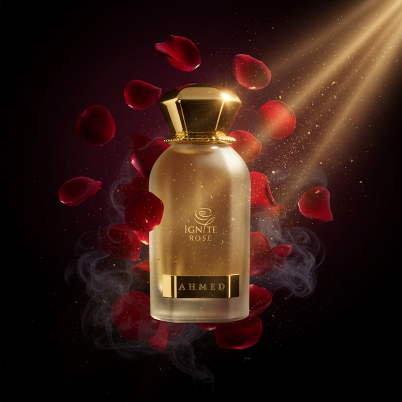 Ignite Rose Ahmed - imagen editorial premium fondo oscuro, perfume de lujo árabe
