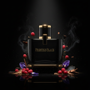 Imagen editorial de lujo Prestige Black EDP, frasco negro brillante con iluminación dramática spotlight sobre fondo negro profundo, bayas rojas, pétalos de iris púrpura, polvo dorado y humo negro, atmósfera masculina y poderosa estilo anuncio de alta perfumería.