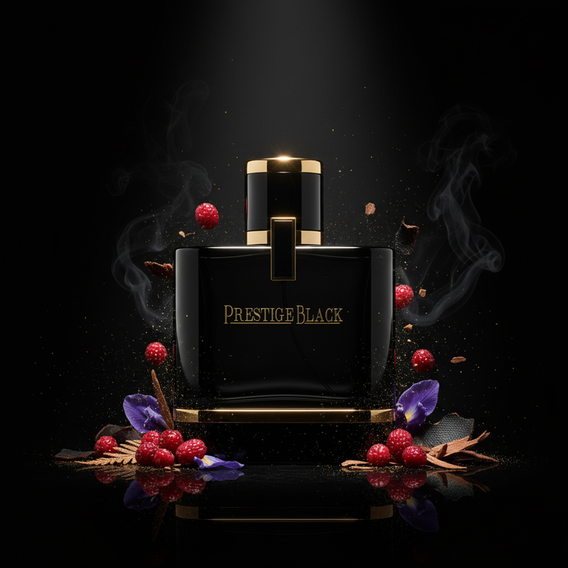 Imagen editorial de lujo Prestige Black EDP, frasco negro brillante con iluminación dramática spotlight sobre fondo negro profundo, bayas rojas, pétalos de iris púrpura, polvo dorado y humo negro, atmósfera masculina y poderosa estilo anuncio de alta perfumería.