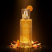 Imagen editorial de lujo Old Fashioned de Gulf Orchid, botella dorado-ámbar con formas fundidas orgánicas y collar dorado escultórico arrugado, tapa transparente con rodaja naranja, fondo negro profundo con resplandor dorado-ámbar cálido, cáscara de cítricos, especias y vainilla, atmósfera cálida estilo anuncio de alta perfumería.