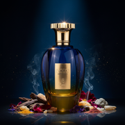 Imagen editorial de lujo Voux Blue Oud de Emir by Paris Corner, botella jarrón facetada azul-ámbar con tapa dorada, iluminación dramática sobre fondo azul medianoche profundo, oud, incienso con humo, ládano y flores exóticas, polvo dorado flotante, atmósfera opulenta y oriental estilo anuncio de alta perfumería árabe.