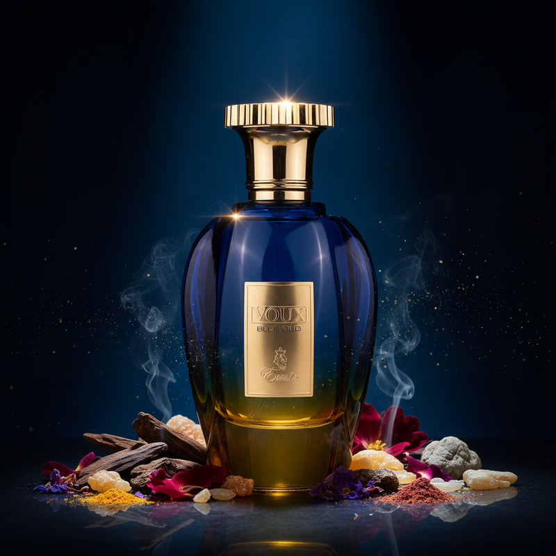 Imagen editorial de lujo Voux Blue Oud de Emir by Paris Corner, botella jarrón facetada azul-ámbar con tapa dorada, iluminación dramática sobre fondo azul medianoche profundo, oud, incienso con humo, ládano y flores exóticas, polvo dorado flotante, atmósfera opulenta y oriental estilo anuncio de alta perfumería árabe.