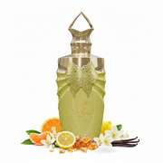 Frasco Jardin des Papillons de Paris Corner EDP, botella jarrón chartreuse-verde lima con gotas en relieve, mariposa dorada filigrana, texto dorado Jardin des Papillons Paris Corner, tapa corona dorada con remate diamante, rodeado de mandarina, naranja, limón confitado, azahar, jazmín, ambroxan, vainilla y azúcar.