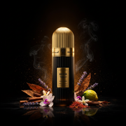 Imagen editorial de lujo Dominican Tobacco Extrait de Parfum de Ibrahem, botella acanalada negra mate con tapa cúpula dorada acanalada, iluminación dramática sobre fondo negro profundo con resplandor ámbar, tabaco, canela, lavanda, orquídea exótica, azafrán dorado y neroli, atmósfera oscura y poderosa estilo anuncio de alta perfumería nicho.