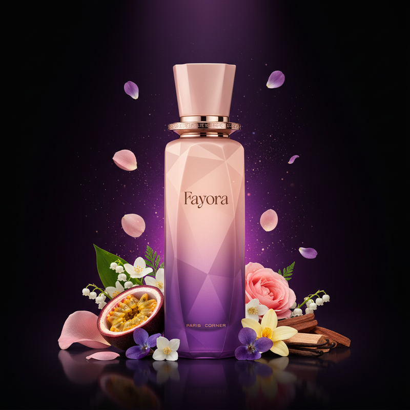 Imagen editorial de lujo Fayora de Paris Corner, botella facetada degradado blush a púrpura con tapa blush mate, fondo púrpura-negro profundo, maracuyá, rosa, violeta, jazmín y vainilla, atmósfera romántica y soñadora estilo anuncio de alta perfumería femenina.