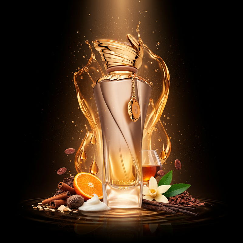 Imagen editorial de lujo Elyssia Gold de Riiffs, botella espiral champagne-dorada brillante con tapa alas fénix dorada espectacular, fondo negro profundo con resplandor dorado, canela, naranja, coñac, cacao y vainilla bourbon, atmósfera opulenta y sensual estilo anuncio de alta perfumería nicho.