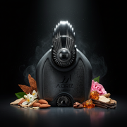 Imagen editorial de lujo Aqriz L'Absolu, botella trapezoidal gunmetal oscuro mate con tapa jaula de alambre espectacular y medallón circular radiante, fondo negro profundo con resplandor plateado lunar, almendra, azahar, tabaco, rosa y vainilla bourbon, atmósfera oscura y avant-garde estilo anuncio de alta perfumería nicho.