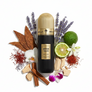 Frasco Dominican Tobacco Extrait de Parfum de Ibrahem, botella cilíndrica acanalada en negro mate profundo, placa cuadrada dorada con texto DOMINICAN TOBACCO EXTRAIT DE PARFUM y remaches en esquinas, banda dorada con caligrafía árabe ابراهيم e IBRAHEM, tapa cúpula acanalada dorada alta, sobre fondo blanco, rodeado de tabaco, canela, lavanda, madera de gaiac, orquídea, azafrán, bergamota y neroli.