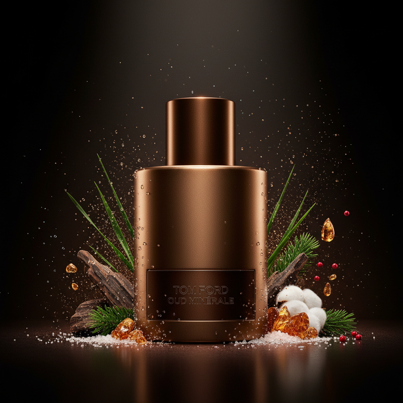 Imagen editorial de lujo Tom Ford Oud Minérale, botella cilíndrica bronce mate cálido con placa oscura sutil, fondo negro profundo con matices bronce-mineral, notas marinas, sal, oud, abeto balsámico y ámbar, atmósfera mineral y poderosa estilo anuncio de alta perfumería Tom Ford.