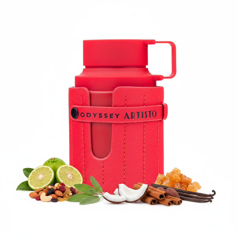 Frasco Odyssey Artisto de Armaf EDP, botella cilíndrica ancha envuelta en cuero rojo brillante mate con costuras verticales, correa horizontal roja con botón negro y texto ODYSSEY ARTISTO en negro, ventana vertical en el cuero, tapa cilíndrica roja mate con asa cuadrada lateral, sobre fondo blanco, rodeado de bergamota, frutos secos, salvia, coco, frutas tropicales, canela, ámbar, vainilla y haba tonka.