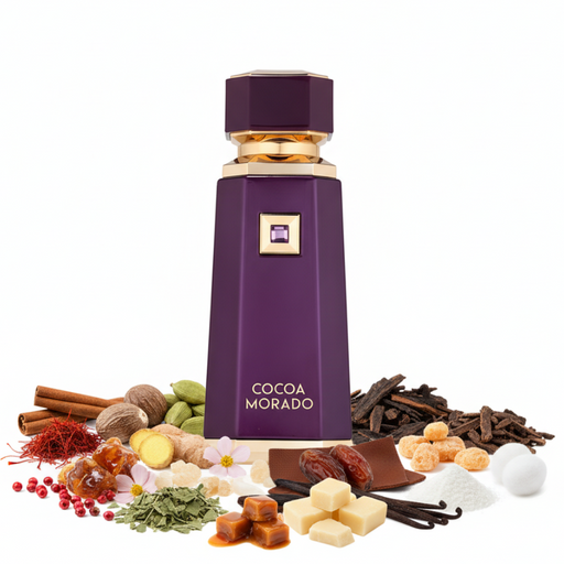 Frasco de perfume Cocoa Morado de Orientica EDP, botella trapezoidal octagonal púrpura brillante con banda dorada, marco cuadrado dorado con gema púrpura y texto COCOA MORADO, tapón octagonal púrpura, sobre fondo blanco, rodeado de canela, azafrán, cardamomo, mirra, oud, incienso, cuero, vainilla, pachulí y almizcle.