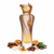 Frasco Elyssia Gold de Riiffs EDP, botella trapezoidal alta con espiral diagonal en vidrio degradado transparente a champagne-dorado cálido, texto dorado ELYSSIA GOLD en la base, cuello dorado con collar anillo hojas laurel dorado, cadena dorada con charm oval ámbar-dorado colgante, tapa escultórica espectacular de alas fénix/plumas en oro cálido, rodeado de canela, naranja, nuez moscada, crema vainilla, coñac, cacao, vainilla bourbon, cedro y pachulí.
