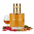 Frasco de perfume Fire on Ice de Lattafa EDP 100ml, botella rectangular redondeada transparente con líquido ámbar dorado y texto blanco FIRE on ICE y Lattafa grabado en el vidrio, alto tapón cilíndrico dorado con bandas horizontales grabadas y texto FIRE on ICE By Lattafa, sobre fondo blanco, rodeado de coñac, canela, frambuesa, pétalos de rosa, musgo, caramelo, roble, mirra, cedro y ambroxan.