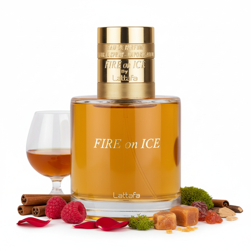 Frasco de perfume Fire on Ice de Lattafa EDP 100ml, botella rectangular redondeada transparente con líquido ámbar dorado y texto blanco FIRE on ICE y Lattafa grabado en el vidrio, alto tapón cilíndrico dorado con bandas horizontales grabadas y texto FIRE on ICE By Lattafa, sobre fondo blanco, rodeado de coñac, canela, frambuesa, pétalos de rosa, musgo, caramelo, roble, mirra, cedro y ambroxan.
