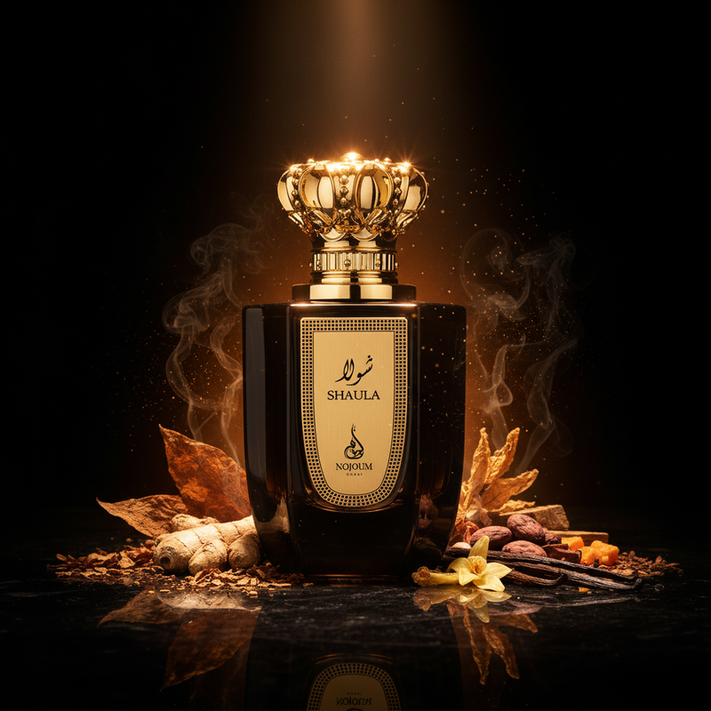 Imagen editorial de lujo Shaula de Nojoum Dubai, botella negra brillante con placa dorada punteada y espectacular tapa corona real dorada, fondo negro profundo con resplandor dorado, tabaco, jengibre, cacao, vainilla y frutas secas, atmósfera regia y opulenta estilo anuncio de alta perfumería árabe.