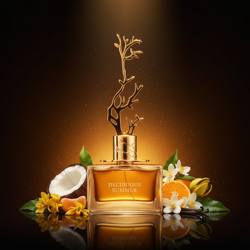 Imagen editorial de lujo Deciduous Summer EDP, botella plana con líquido ámbar dorado brillante y escultura de árbol desnudo en ramas doradas, fondo ámbar-negro profundo cálido, frutas tropicales, ylang-ylang, jazmín sambac y pachulí, atmósfera cálida y sensual estilo anuncio de perfumería nicho de lujo.