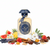 Frasco Ra'ed de Lattafa EDP, botella redondeada en vidrio cristal transparente con líquido dorado, medallón circular azul marino con borde arabesco dorado y caligrafía árabe رائد RA'ED Lattafa en oro, cinta azul marino en el cuello y tapa seta ancha azul marino mate, sobre fondo blanco, rodeado de sandía, enebro, piña, pimienta rosa, jazmín, acacia, salvia, lavanda, canela, fresa, vetiver, ámbar, sándalo, vainilla, almizcle, castaña y haba tonka.