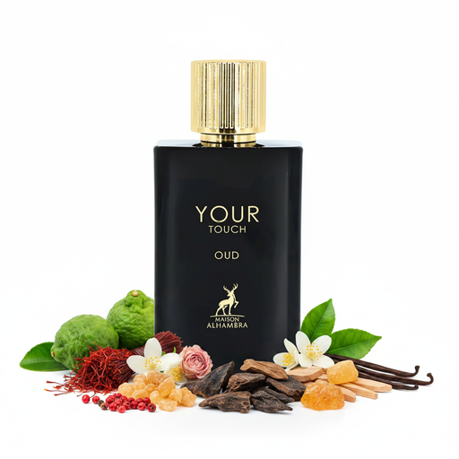 Frasco Your Touch Oud de Maison Alhambra EDP, botella rectangular negra brillante con texto blanco YOUR TOUCH OUD, logo ciervo dorado y texto dorado MAISON ALHAMBRA, tapa cilíndrica alta acanalada dorada, sobre fondo blanco, rodeado de bergamota, azafrán, pimienta rosa, rosa, jazmín, incienso, pachulí, oud, sándalo, ámbar y vainilla.