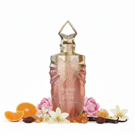 Frasco Papillon des Vents de Paris Corner EDP, botella jarrón rosa-dorado cobrizo con gotas en relieve, mariposa dorada filigrana en el cuerpo superior, texto Papillon des Vents Paris Corner, tapa corona dorada con remate diamante, rodeado de mandarina, peonía, azahar, orquídea vainilla, ambroxan, vainilla y tonka.