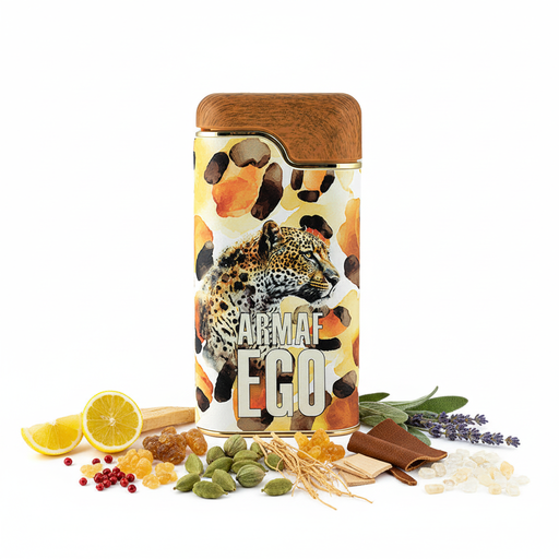 Frasco de perfume Armaf Ego, botella rectangular redondeada con ilustración acuarela de leopardo y manchas animal print en naranja y marrón, texto ARMAF EGO en blanco, anillo base dorado y tapón de madera natural, sobre fondo blanco, rodeado de limón, pimienta rosa, incienso de olíbano, cardamomo, esclarea, lavanda, ámbar, vetiver, cuero, sándalo, cedro y ambroxan.